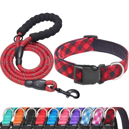Picture of Ladoogo Reflective Dog Collar Padded with Soft Neoprene Breathable Adjustable Nylon Dog Collars for Small Medium Large Dogs (Large (Pack of 1), Red Plaid Collar+Leash)