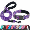 Picture of Ladoogo Reflective Dog Collar Padded with Soft Neoprene Breathable Adjustable Nylon Dog Collars for Small Medium Large Dogs (Medium (Pack of 1), Purple/Pink Floral Collar+Leash)