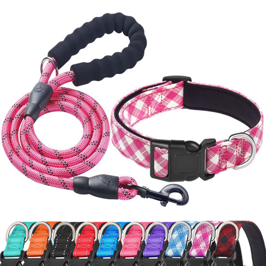 Picture of Ladoogo Reflective Dog Collar Padded with Soft Neoprene Breathable Adjustable Nylon Dog Collars for Small Medium Large Dogs (Medium (Pack of 1), Pink Plaid Collar+Leash)