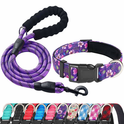 Picture of Ladoogo Reflective Dog Collar Padded with Soft Neoprene Breathable Adjustable Nylon Dog Collars for Small Medium Large Dogs (Small (Pack of 1), Purple/Pink Floral Collar+Leash)