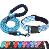 Picture of Ladoogo Reflective Dog Collar Padded with Soft Neoprene Breathable Adjustable Nylon Dog Collars for Small Medium Large Dogs (X-Small (Pack of 1), Vivid Blue Plaid Collar+Leash)