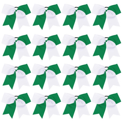 Picture of 16PCS 8" Large Cheer Hair Bows Ponytail Holder Elastic Band Handmade for Cheerleading Teen Girls College Sports (White/Forest Green, 16 Count (Pack of 1))