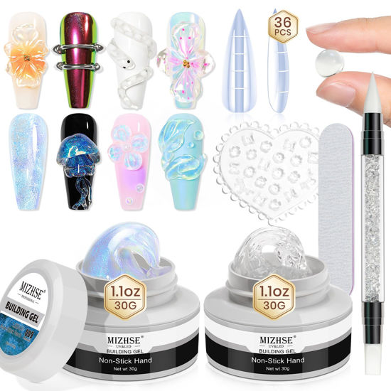 Picture of MIZHSE 2PCS Solid Builder Gel for Nails Kit: 30g/1oz Clear & Aurora Hard Gel for Nails 3D Nail Gel with Nail Forms 3D Silicone Mold Soak off U V Nail Builder Gel for Nail Extension 3D Nail Art Women