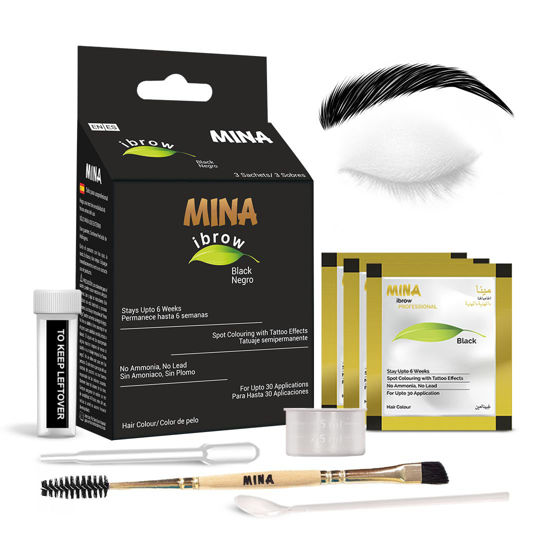 Picture of MinaiBrow Black Tinting Kit | Natural Spot Coloring Powder with Duo Angled Brush, Water & Smudge Proof Instant Brow Dye for 100% Gray Coverage