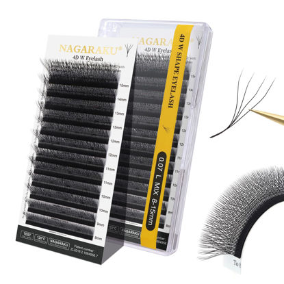 Picture of NAGARAKU W Shape Eyelash Extension 4D VolumeCluster Premade Fans Eye Lashes Faux Mink Matte Black Easy Fanning False Eyelashes (0.07mm L Curl 8-15mm Mix)