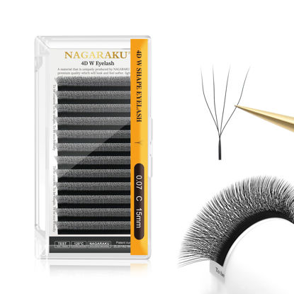 Picture of NAGARAKU 4D W Shape Eyelash Extension Supplies Natural Soft Volume 0.07mm C curl 15mm Premade Fans Faux Mink Matte Black Cluster Easy Fanning False Lashes