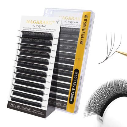 Picture of NAGARAKU W Shape Eyelash Extension 4D VolumeCluster Premade Fans Eye Lashes Faux Mink Matte Black Easy Fanning False Eyelashes (0.10mm C Curl 8-12mm Mix)