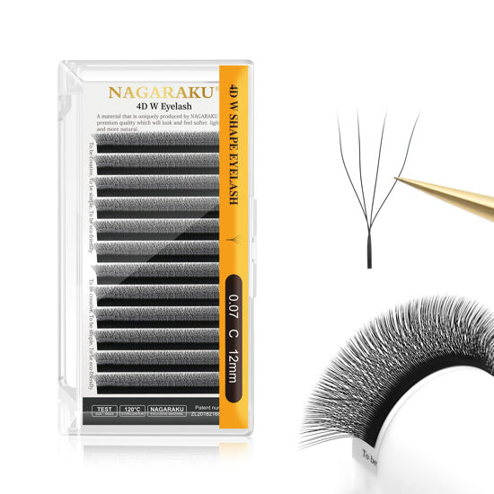 Picture of NAGARAKU 4D W Shape Eyelash Extension Supplies Natural Soft Volume 0.07mm C curl 12mm Premade Fans Faux Mink Matte Black Cluster Easy Fanning False Lashes