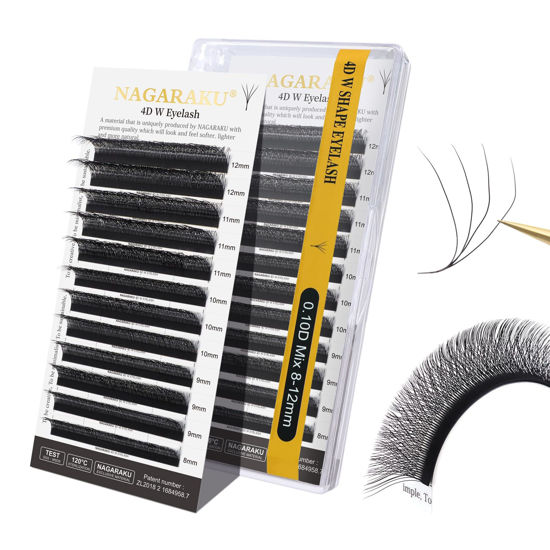 Picture of NAGARAKU W Shape Eyelash Extension 4D VolumeCluster Premade Fans Eye Lashes Faux Mink Matte Black Easy Fanning False Eyelashes (0.10mm D Curl 8-12mm Mix)