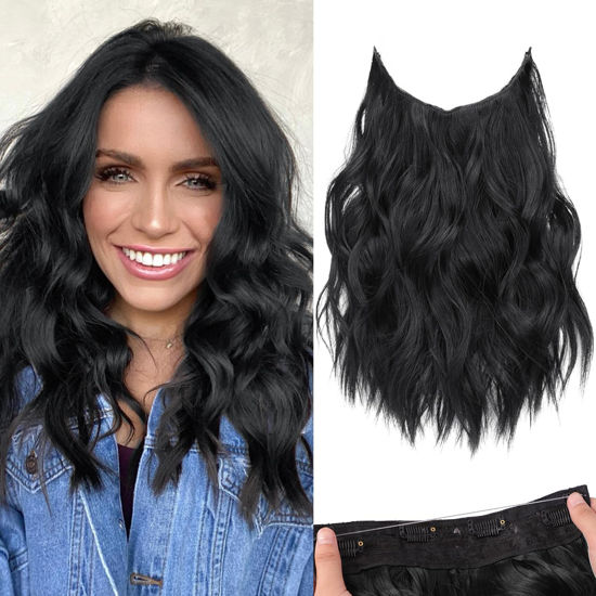 Picture of KooKaStyle Invisible Wire Hair Extensions with Transparent Headband Adjustable Size 4 Secure Clips Long Wavy Secret Wire Hairpiece for Women (12 Inch, Black)