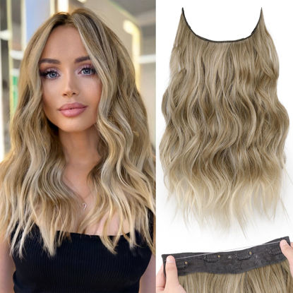 Picture of KooKaStyle Invisible Wire Hair Extensions with Transparent Headband Adjustable Size 4 Secure Clips Long Wavy Secret Wire Hairpiece for Women 16 Inch Ash Brown mix Bleach Blonde