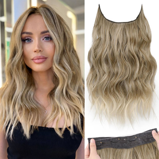Picture of KooKaStyle Invisible Wire Hair Extensions with Transparent Headband Adjustable Size 4 Secure Clips Long Wavy Secret Wire Hairpiece for Women 16 Inch Ash Brown mix Bleach Blonde
