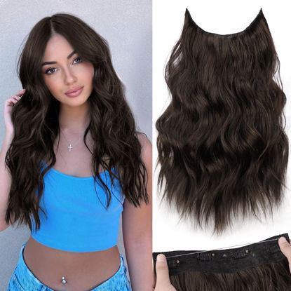 Picture of KooKaStyle Invisible Wire Hair Extensions with Transparent Headband Adjustable Size 4 Secure Clips Long Wavy Secret Wire Hairpiece Dark Brown/6# 16 Inch for Women