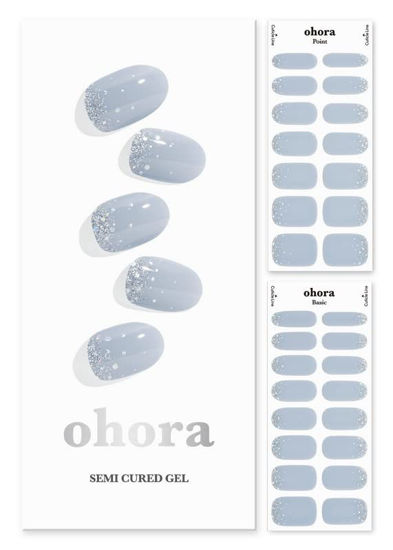 Picture of ohora Semi Cured Gel Nail Strips (N Felice) - Blue, Glitter, Works with Any UV/LED Nail Lamps, Salon-Quality, Long Lasting, Easy to Apply & Remove - Includes 2 Prep Pads, Nail File & Wooden Stick
