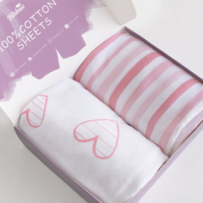 Picture of Bassinet Sheets Compatible with AirClub, GoFirst, Baby Joy and MiClassic Bassinet Bedside Sleeper, 2 Pack, 100% Jersey Knit Cotton Fitted Sheets, Pink Stripes and Hearts Print for Baby Girls