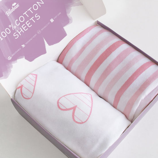 Picture of Bassinet Sheets Compatible with AirClub, GoFirst, Baby Joy and MiClassic Bassinet Bedside Sleeper, 2 Pack, 100% Jersey Knit Cotton Fitted Sheets, Pink Stripes and Hearts Print for Baby Girls