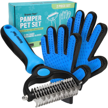 Picture of Maxpower Planet Pet Grooming Brush and 2X Grooming Gloves Combo - Double Sided Dematting, Deshedding Undercoat Rake for Dogs and Cats - Reduce Shedding Easily - Blue