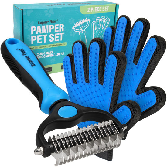 Picture of Maxpower Planet Pet Grooming Brush and 2X Grooming Gloves Combo - Double Sided Dematting, Deshedding Undercoat Rake for Dogs and Cats - Reduce Shedding Easily - Blue