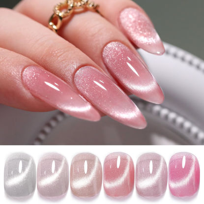 Picture of Double Rhythm Cat Eye Gel Nail Polish Set of 6 Colors Shimmer Glitter with Magnet 9D Holographic Reflective Magnetic Nail Polish (Silver Nude Pink-Kit 14)