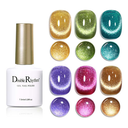 Picture of Double Rhythm Cat Eye Gel Nail Polish Set of 6 Colors Shimmer Glitter with Magnet 9D Holographic Reflective Magnetic Nail Polish (Orange Green Blue Purple Pink Brown-Kit 23)
