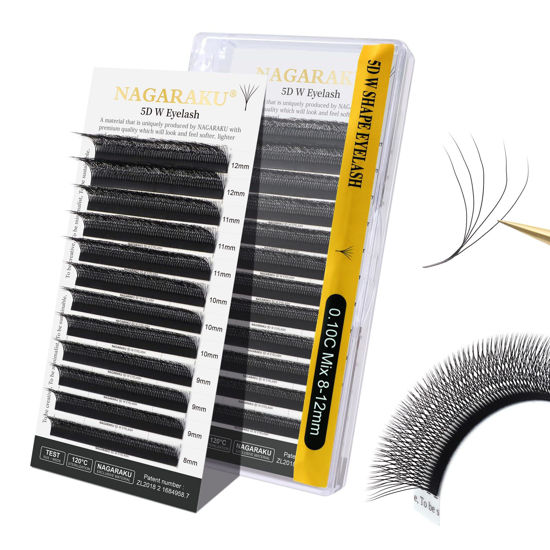 Picture of NAGARAKU W Shape Eyelash Extension 5D VolumeCluster Premade Fans Eye Lashes Faux Mink Matte Black Easy Fanning False Eyelashes (0.10mm C Curl 8-12mm Mix)