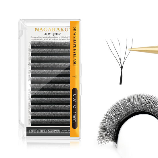 Picture of NAGARAKU 5D W Shape Eyelash Extension Supplies Natural Soft Volume 0.07mm C curl 14mm Premade Fans Faux Mink Matte Black Cluster Easy Fanning False Lashes