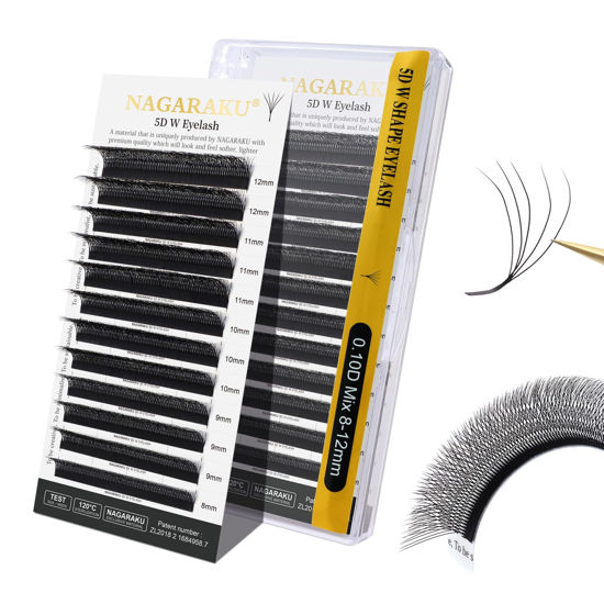 Picture of NAGARAKU W Shape Eyelash Extension 5D VolumeCluster Premade Fans Eye Lashes Faux Mink Matte Black Easy Fanning False Eyelashes (0.10mm D Curl 8-12mm Mix)