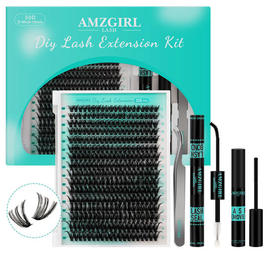 Picture of Lash Extension Kit 320Pcs,DIY Individual Lashes Clusters Kit,Lash Bond And Seal,Lash Remover For Eyelashes Extensions,Lash Applicator Tool For False Eyelash Cluster Kit At Home(50D,D-Mix9-16mm Kit)