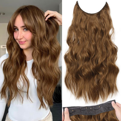 Picture of KooKaStyle Invisible Wire Hair Extensions with Transparent Wire Headband Adjustable Size 4 Secure Clips Long Wavy Hairpiece 20 Inch COCOA# for Women