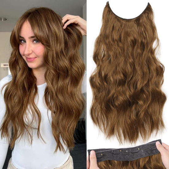 Picture of KooKaStyle Invisible Wire Hair Extensions with Transparent Wire Headband Adjustable Size 4 Secure Clips Long Wavy Hairpiece 20 Inch COCOA# for Women