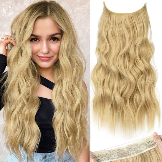 Picture of KooKaStyle Invisible Wire Hair Extensions with Transparent Wire Adjustable Size Long Wavy Synthetic Hairpiece Golden Blonde 20 Inch with 4 Secure Clips for Women