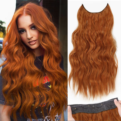 Picture of KooKaStyle Invisible Wire Hair Extensions with Transparent Headband Adjustable Size 4 Secure Clips Long Wavy Secret Wire Hairpiece for Women（Copper Red 20 Inch ）
