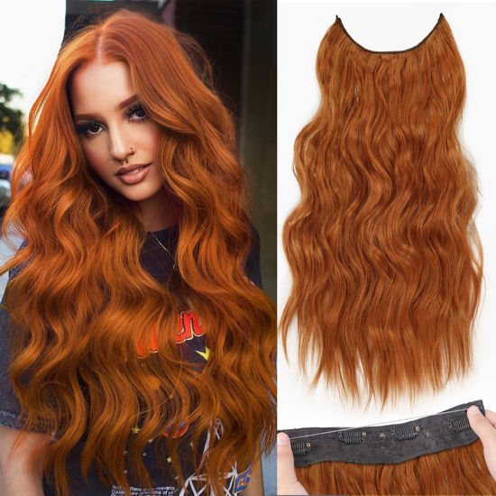 Picture of KooKaStyle Invisible Wire Hair Extensions with Transparent Headband Adjustable Size 4 Secure Clips Long Wavy Secret Wire Hairpiece for Women（Copper Red 20 Inch ）