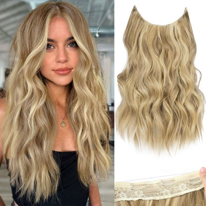 Picture of KooKaStyle Invisible Wire Hair Extensions with Transparent Headband Adjustable Size 4 Secure Clips Long Wavy Secret Wire Hairpiece for Women(16 Inch Light Brown mix Golden Blonde)