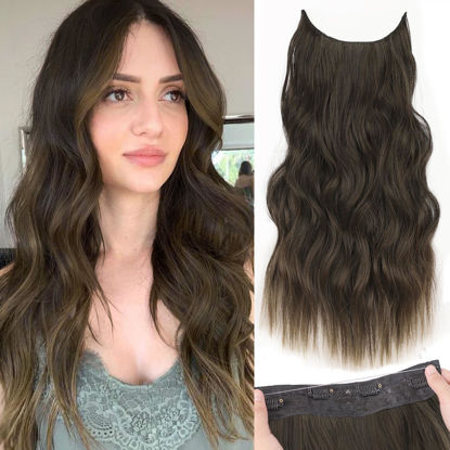 Picture of KooKaStyle Invisible Wire Hair Extensions with Transparent Headband Adjustable Size 4 Secure Clips Long Wavy Secret Wire Hairpiece 16 Inch Dark Walnut Brown for Women