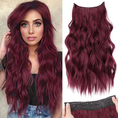 Picture of KooKaStyle Invisible Wire Hair Extensions with Transparent Wire Adjustable Size 4 Secure Clips Long Wavy Secret Hairpiece (20 Inch, Burgundy#118)