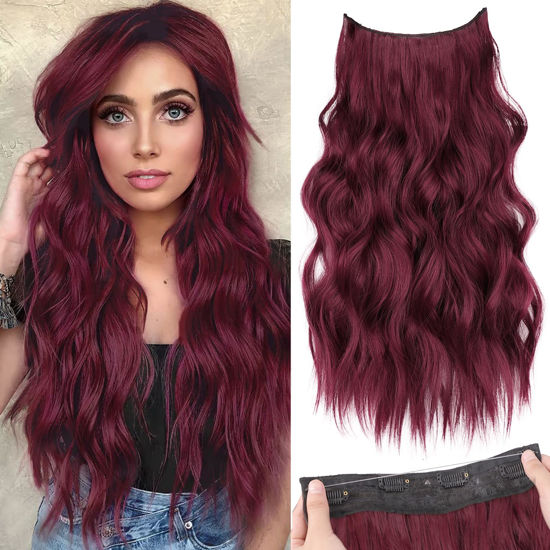 Picture of KooKaStyle Invisible Wire Hair Extensions with Transparent Wire Adjustable Size 4 Secure Clips Long Wavy Secret Hairpiece (20 Inch, Burgundy#118)
