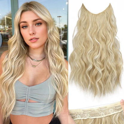 Picture of KooKaStyle Invisible Wire Hair Extensions with Transparent Wire Headband Adjustable Size 4 Secure Clips Long Wavy Hairpiece for Women