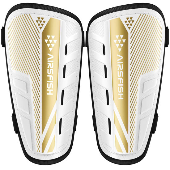 Picture of Shin Guards Soccer Kids Youth, CE Certified AirsFish Shin Guard Protection Gear for 2-18 Years Old Boys Girls Teenagers High Impact Resistant Breathable Comfortable (S Plus, White+Gold)