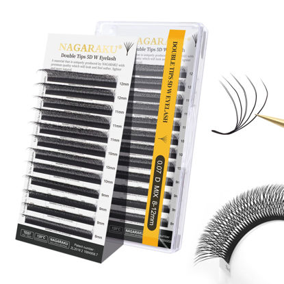 Picture of NAGARAKU Double Tips 5D W Eyelash Extensions Supplies Thick W Lash Extensions Premade Fans Russian Volume Faux Mink Matte 12 rows Cluster pre Fanned Eye yy Lashes 0.07mm D (8-12mm) Mix