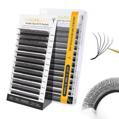 Picture of NAGARAKU Double Tips 5D W Eyelash Extensions Supplies Thick W Lash Extensions Premade Fans Russian Volume Faux Mink Matte 12 rows Cluster pre Fanned Eye yy Lashes 0.07mm C (8-12mm) Mix