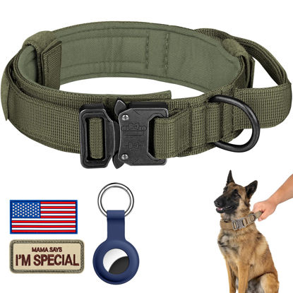 Picture of DAGANXI Tactical Dog Collar, Adjustable Military Training Nylon Dog Collar with Control Handle and Heavy Metal Buckle for Medium and Large Dogs, with Patches and Airtags Case (XL, Green)