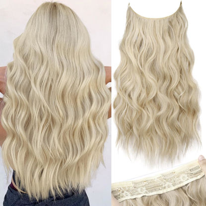 Picture of KooKaStyle Invisible Wire Hair Extensions with Transparent Headband Adjustable Size 4 Secure Clips Long Wavy Secret Wire Hairpiece 16 Inch for Women (Light Brown mix Platinum Blonde)