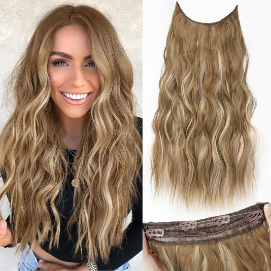 Picture of KooKaStyle Invisible Wire Hair Extensions with Transparent Headband Adjustable Size 4 Secure Clips Long Wavy Secret Wire Hairpiece 20 Inch for Women（Ash Brown with Beach Blonde）