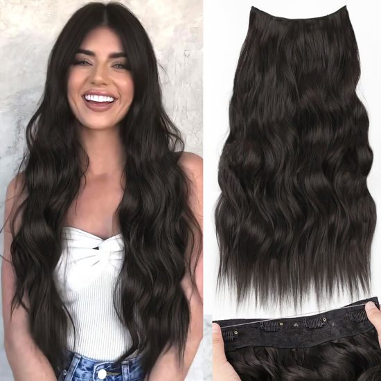 Picture of KooKaStyle Invisible Wire Hair Extensions with Transparent Headband Adjustable Size 4 Secure Clips Long Wavy Secret Wire Hairpiece 24 Inch Natural Black for Women