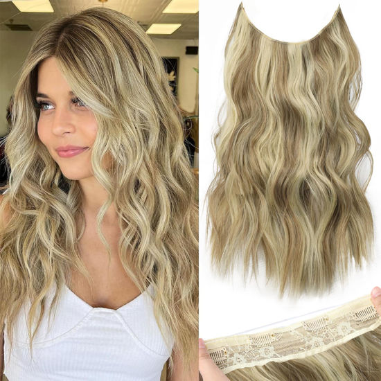 Picture of KooKaStyle Invisible Wire Hair Extensions with Transparent Headband Adjustable Size 4 Secure Clips Long Wavy Secret Wire Hairpiece Dirty Blonde Mixed Bleach Blonde 16 Inch for Women
