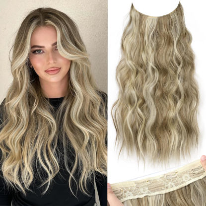 Picture of KooKaStyle Invisible Wire Hair Extensions with Transparent Headband Adjustable Size 4 Secure Clips Long Wavy Secret Wire Hairpiece for Women(24 Inch Dirty Blonde Mixed Bleach Blonde)