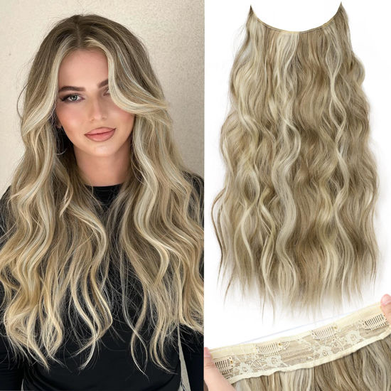 Picture of KooKaStyle Invisible Wire Hair Extensions with Transparent Headband Adjustable Size 4 Secure Clips Long Wavy Secret Wire Hairpiece for Women(24 Inch Dirty Blonde Mixed Bleach Blonde)