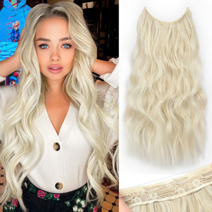 Picture of KooKaStyle Invisible Wire Hair Extensions with Transparent Wire Adjustable Size 4 Secure Clips Long Wavy Secret Hairpiece 20 Inch Platinum Blonde for Women