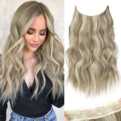 Picture of KooKaStyle Invisible Wire Hair Extensions with Transparent Headband Adjustable Size 4 Secure Clips Long Wavy Secret Wire Hairpiece 16 Inch Ash Brown mix Platinum Blonde for Women